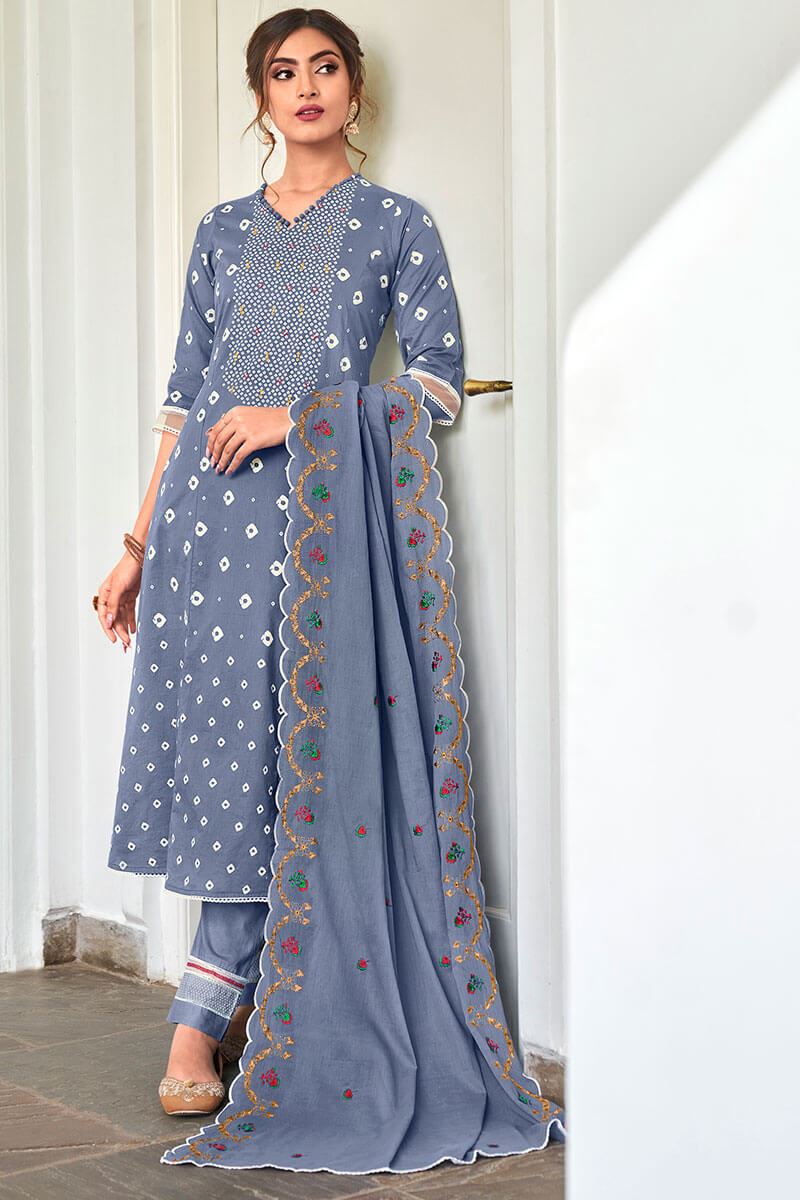 Pure Cotton Blue Unstitched Printed Salwar Suit Material - Stilento