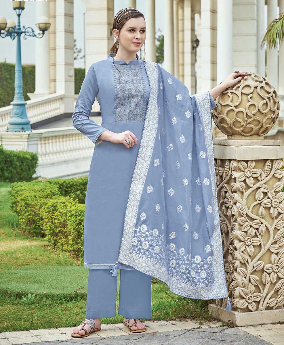 Pure Cotton Blue Unstitched Suit Material with Lucknowi Work - Stilento