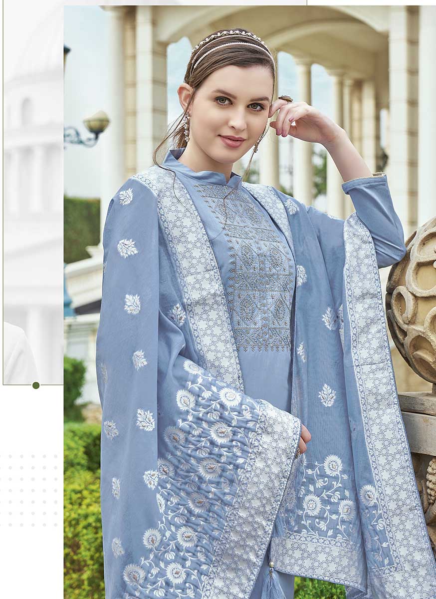 Pure Cotton Blue Unstitched Suit Material with Lucknowi Work - Stilento