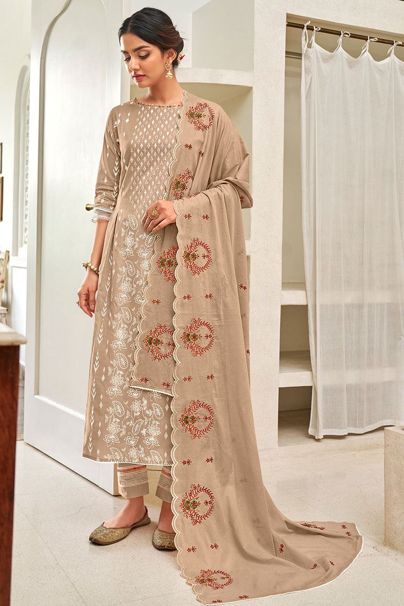 Pure Cotton Brown Unstitched Printed Salwar Suit Material - Stilento