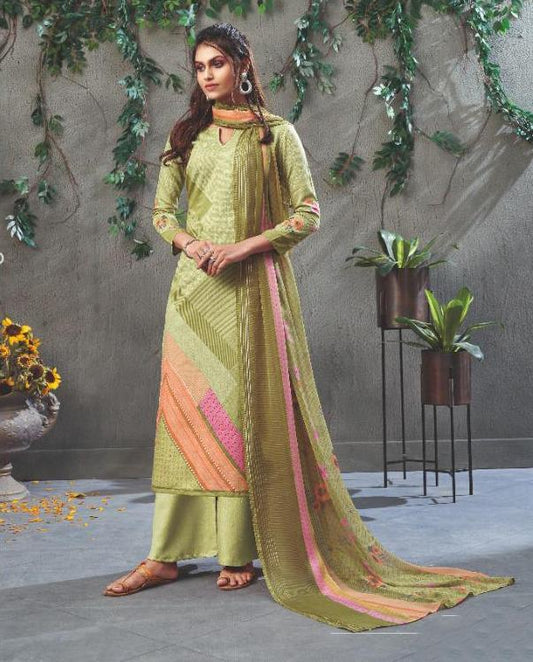 Pure Cotton Green Printed Summer Unstitched Suit Material for women