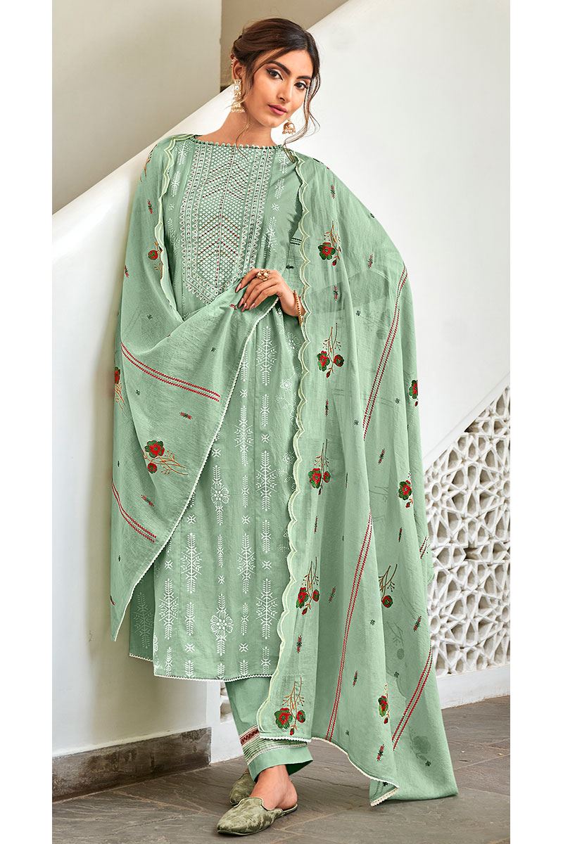 Pure Cotton Green Unstitched Printed Salwar Suit Material - Stilento