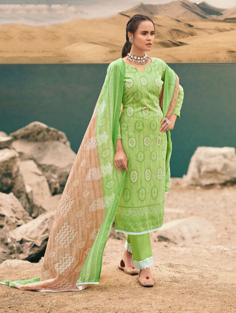 Pure Cotton Green Unstitched Printed Suit Material - Stilento