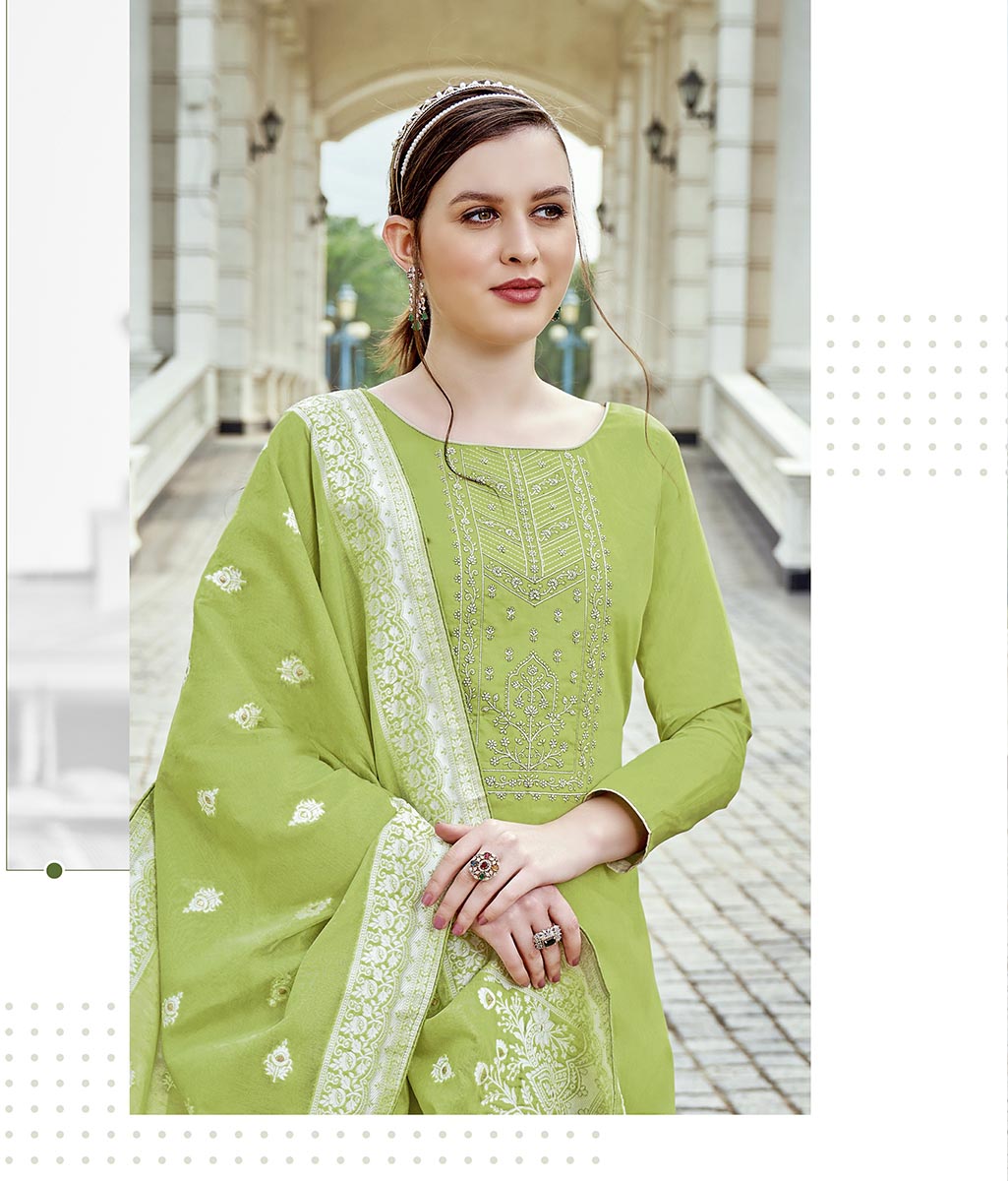 Pure Cotton Green Unstitched Suit Material with Lucknowi Work - Stilento