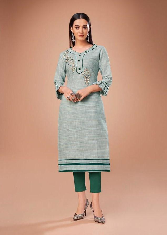 Pure Cotton Green Women Embroidered Kurta