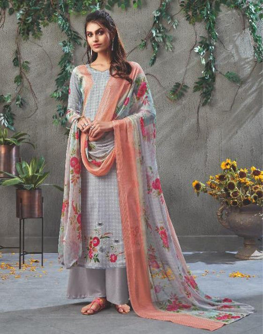 Pure Cotton Grey Printed Summer Dress Material for women