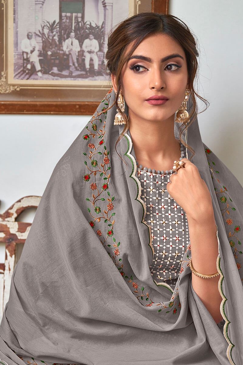 Pure Cotton Grey Unstitched Printed Salwar Suit Material - Stilento