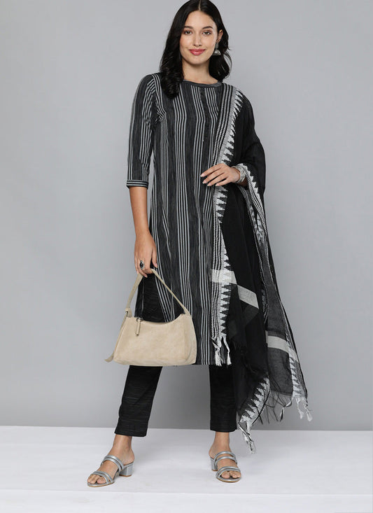 Pure Cotton Handloom Unstitched Black Ethnic Salwar Suit Material