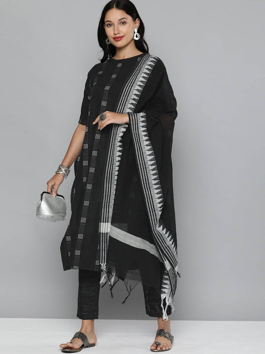 Pure Cotton Handloom Unstitched Black Ethnic Salwar Suit Material