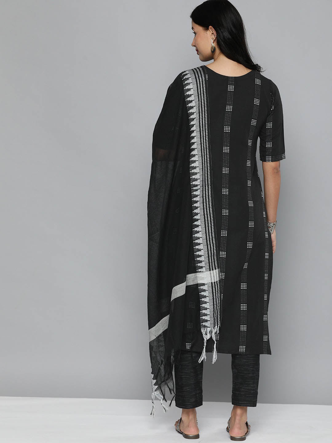 Pure Cotton Handloom Unstitched Black Ethnic Salwar Suit Material - Stilento