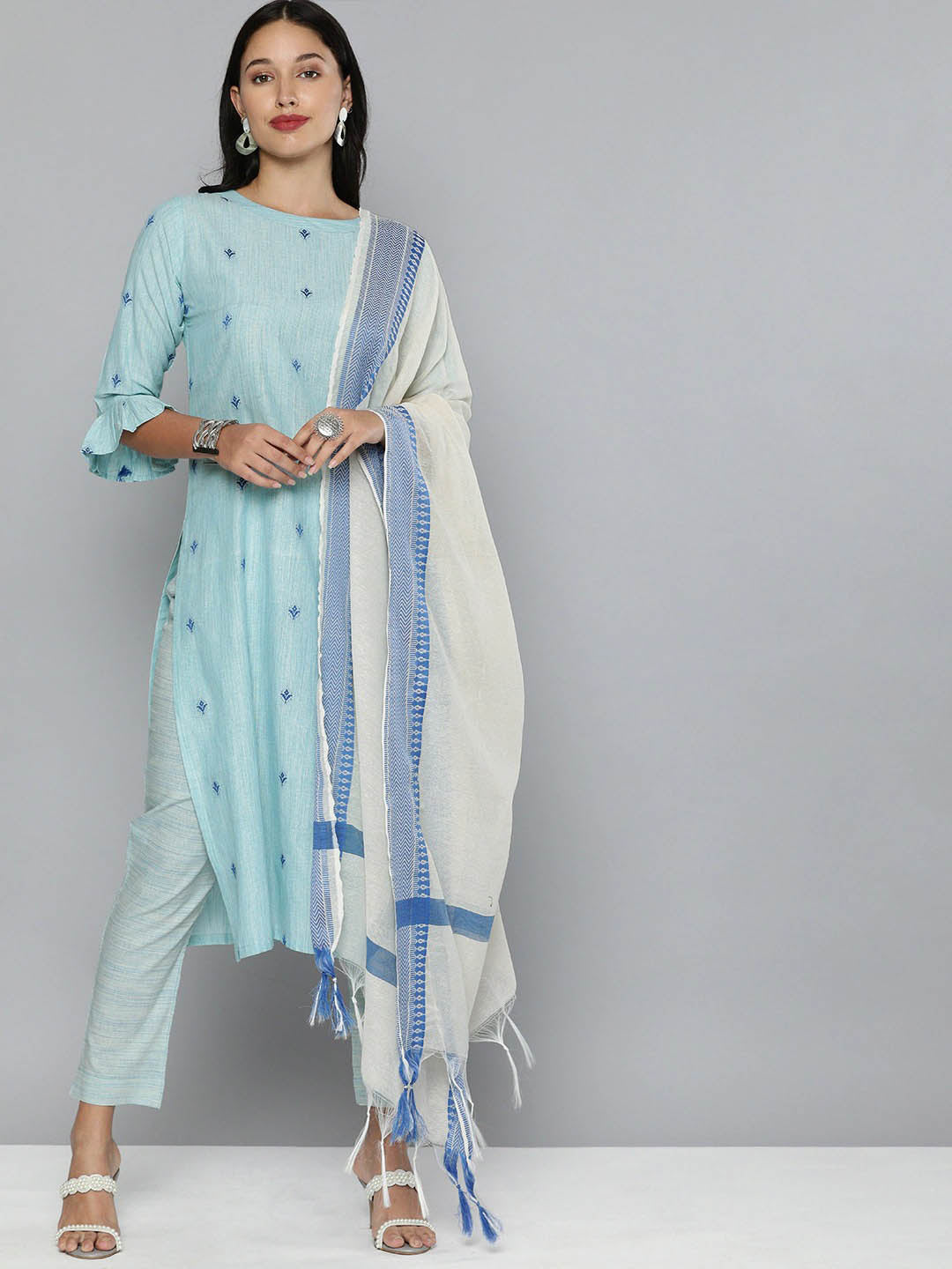 Pure Cotton Handloom Unstitched Blue Ethnic Salwar Suit Material - Stilento