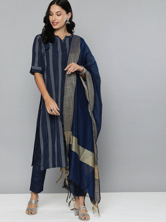 Pure Cotton Handloom Unstitched Blue Ethnic Salwar Suit Material
