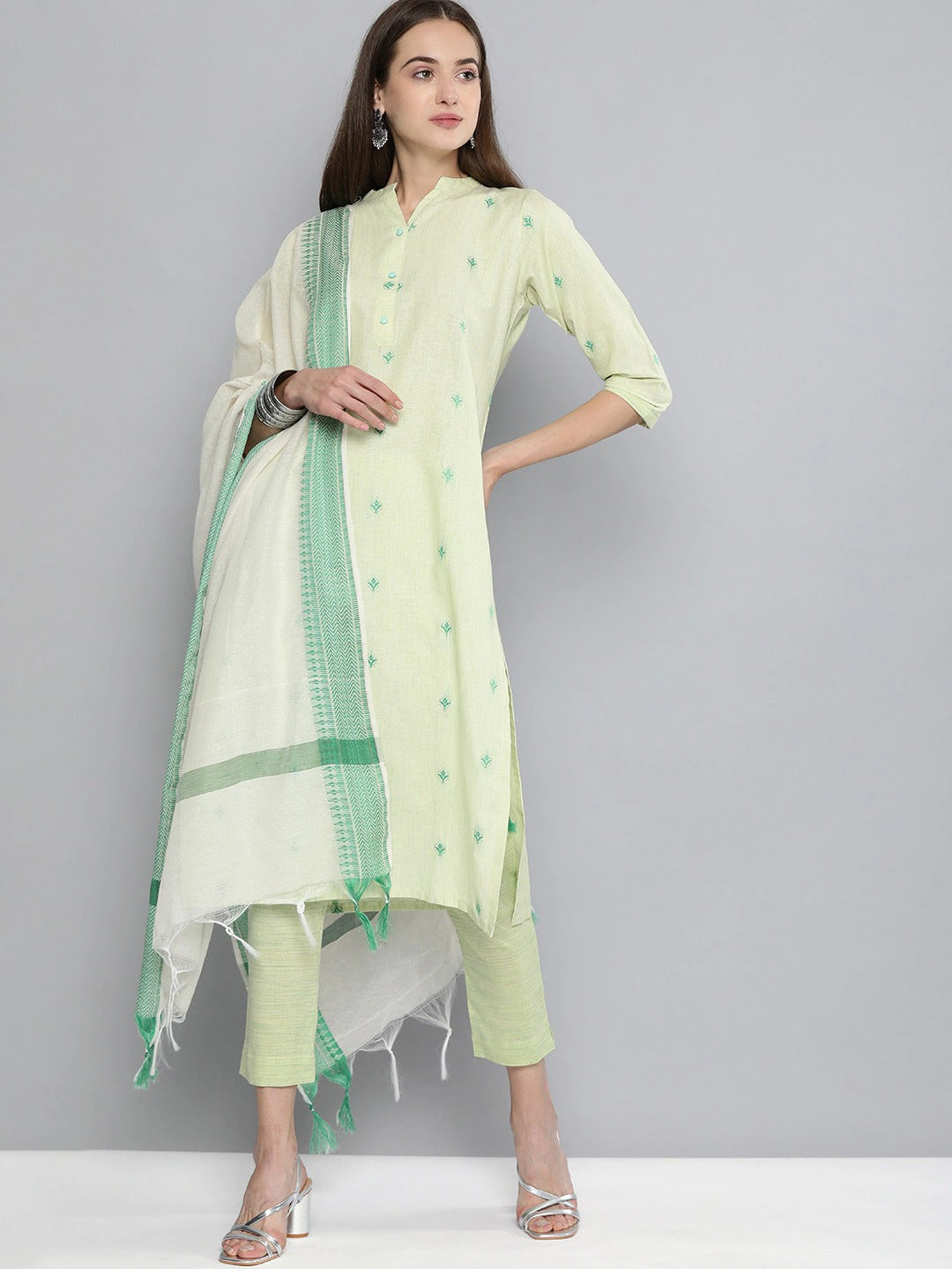 Pure Cotton Handloom Unstitched Green Ethnic Dress Material - Stilento
