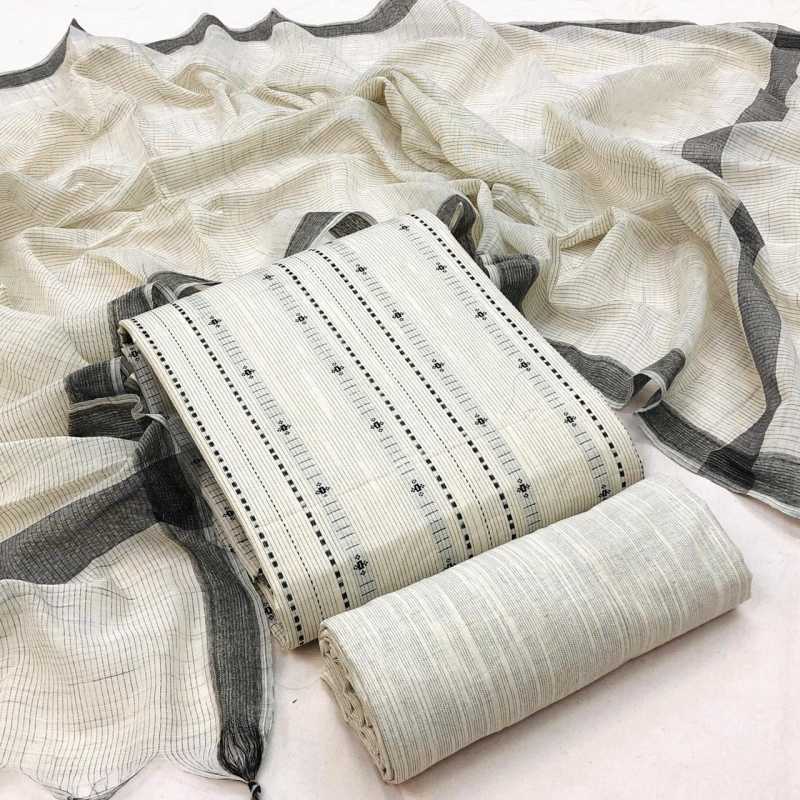 Pure Cotton Handloom Unstitched Grey Ethnic Salwar Suit Material - Stilento