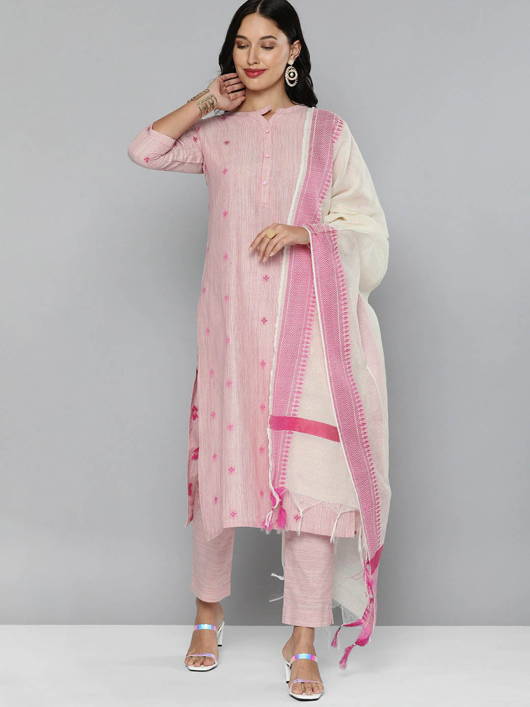 Pure Cotton Handloom Unstitched Pink Ethnic Salwar Suit Material - Stilento