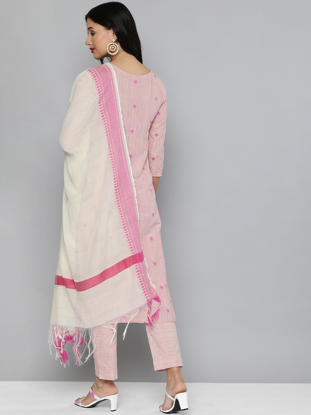 Pure Cotton Handloom Unstitched Pink Ethnic Salwar Suit Material - Stilento