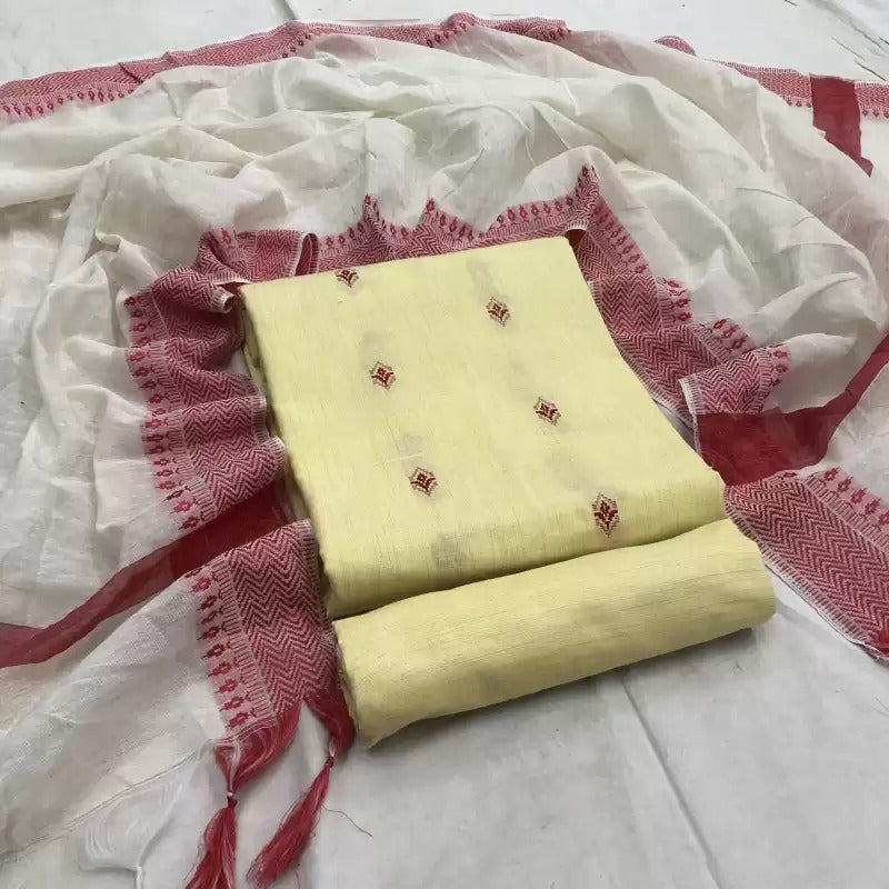 Pure Cotton Handloom Unstitched Yellow Ethnic Salwar Suit Material - Stilento