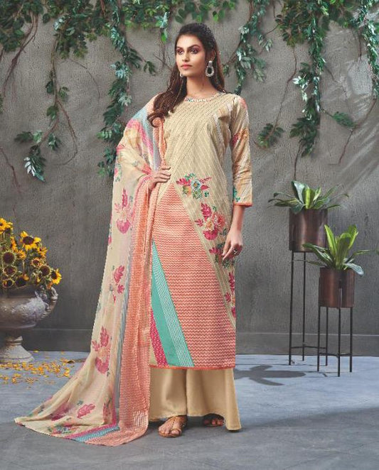 Pure Cotton Light Brown Printed Summer Dress Material for women