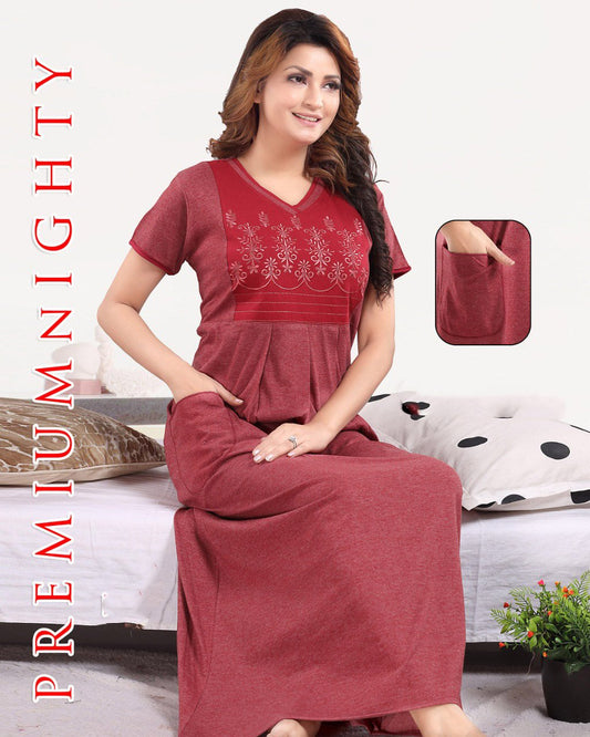 Pure cotton Maroon hosiery nighty Gown for Women - Stilento