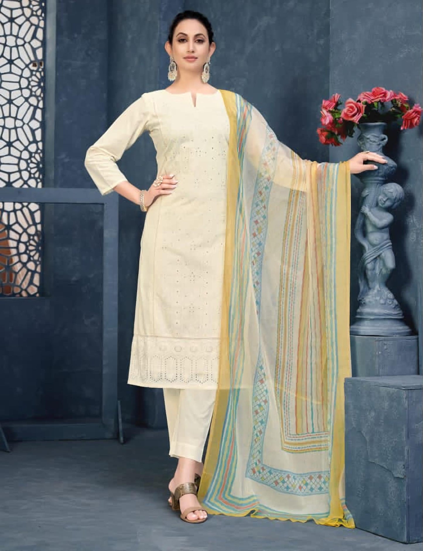 Pure Cotton Off-White Lucknowi Unstitched Suit Material - Stilento