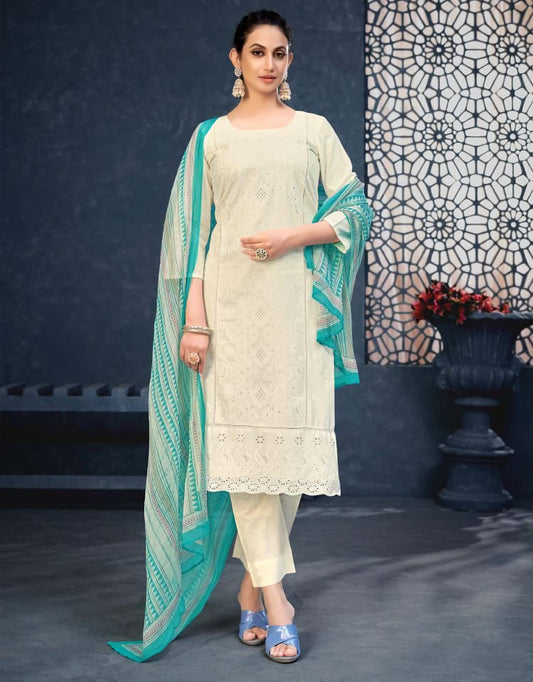 Pure Cotton Off-White Lucknowi Unstitched Suit Material