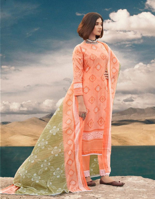 Pure Cotton Orange Unstitched Printed Suit Material - Stilento