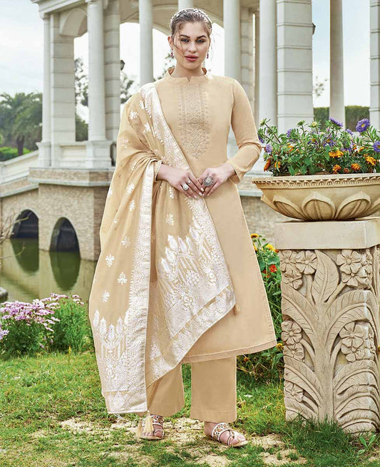 Pure Cotton Orange Unstitched Suit Material with Lucknowi Work