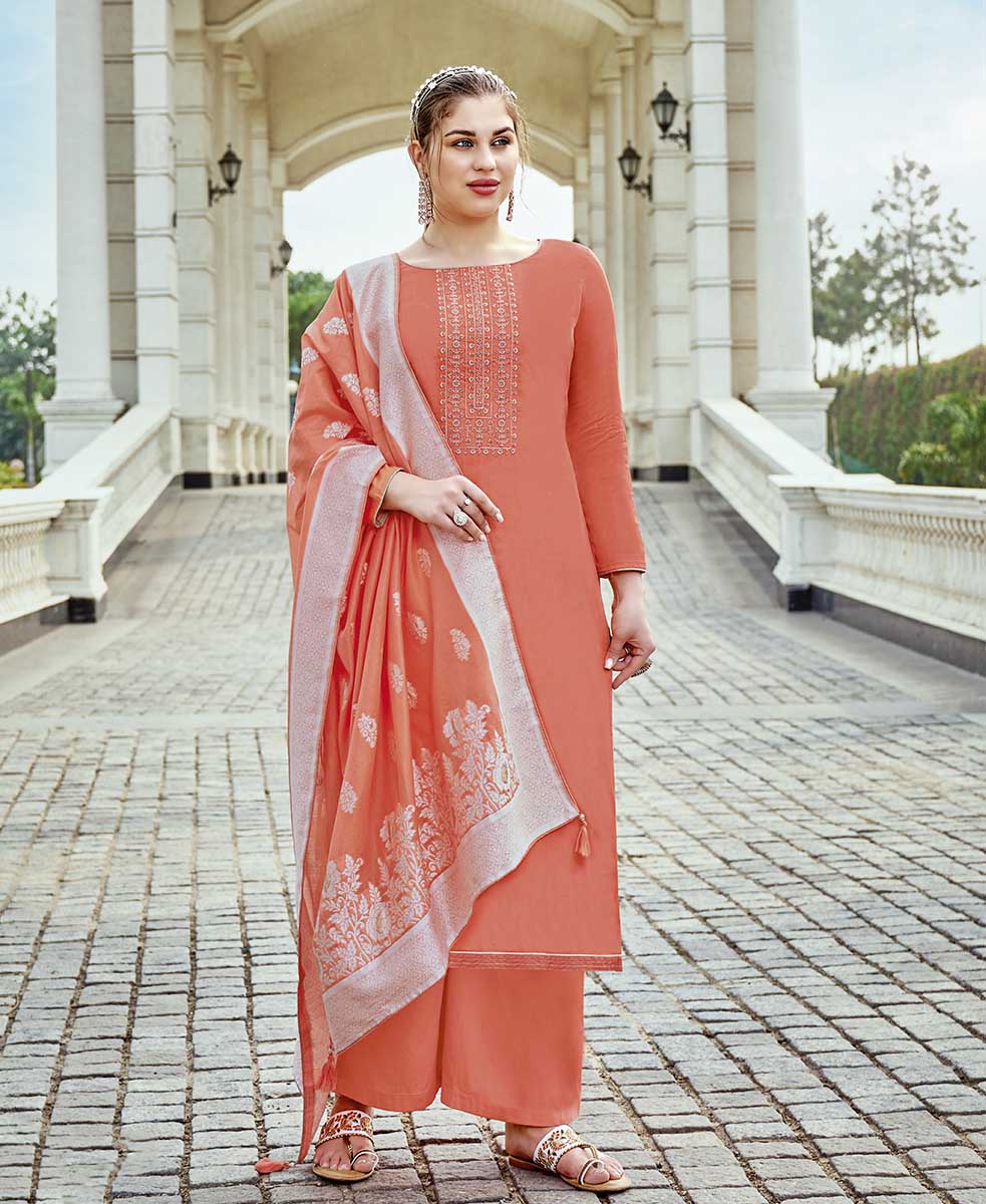 Pure Cotton Orange Unstitched Suit Material with Lucknowi Work - Stilento