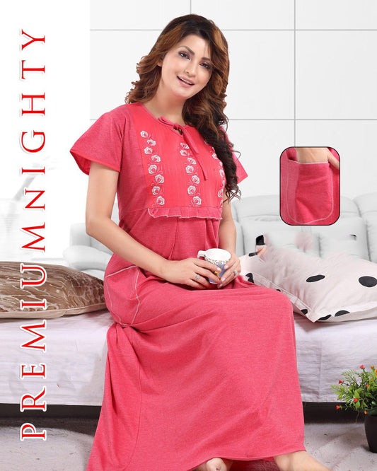 Pure cotton Pink hosiery nighty Gown with embroidery - Stilento