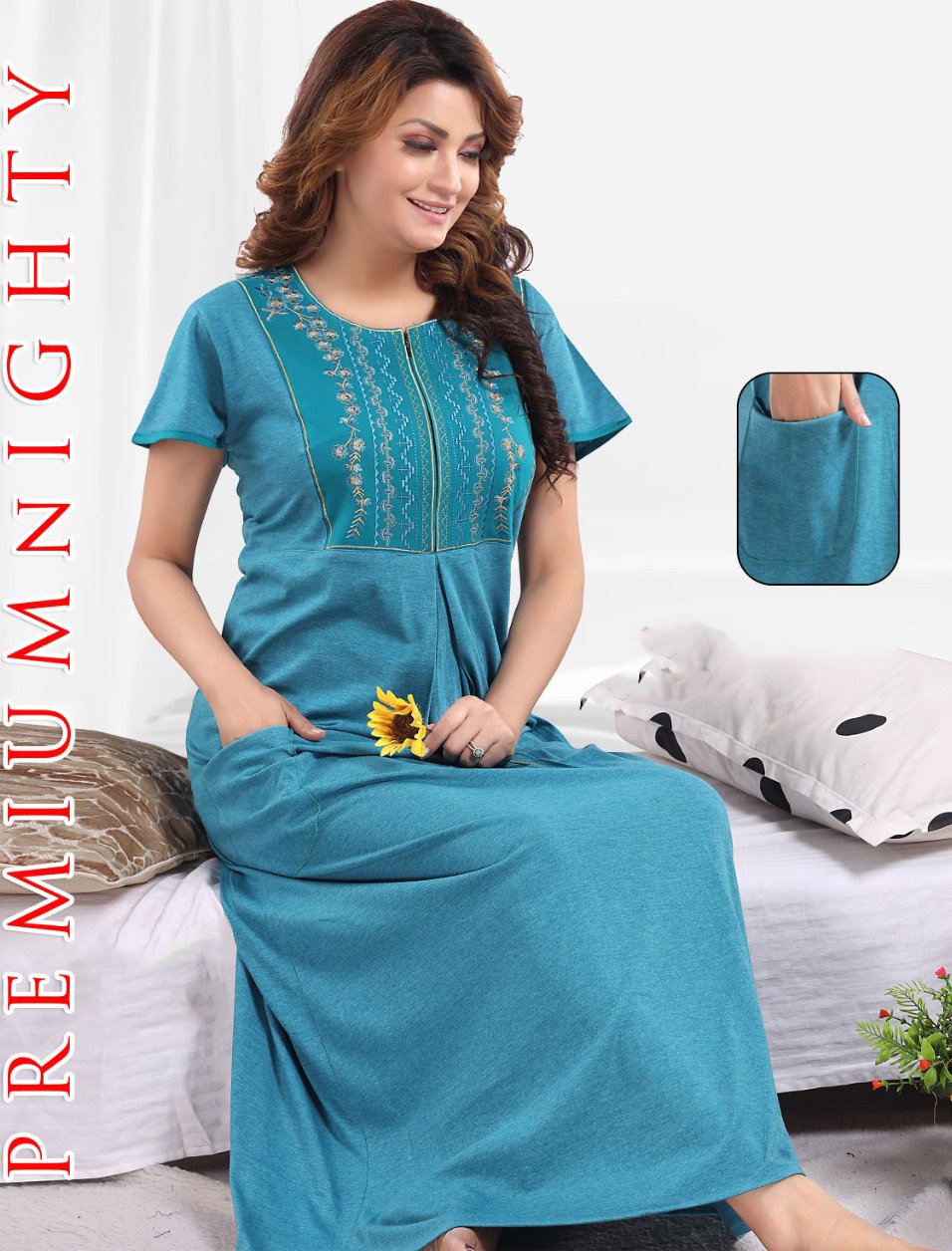 Pure cotton Pink hosiery nighty Gown with embroidery