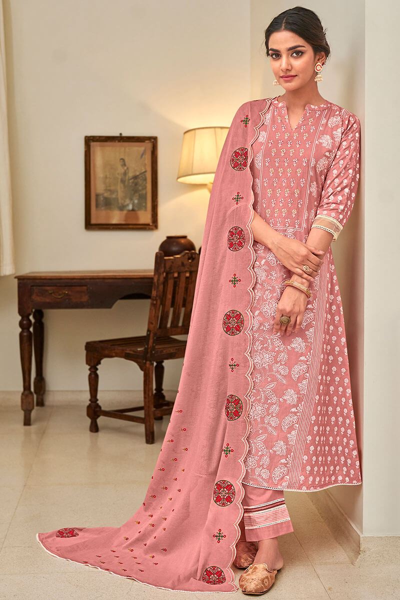 Pure Cotton Pink Unstitched Printed Salwar Suit Material - Stilento