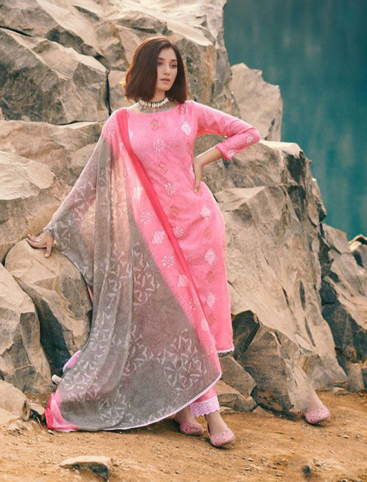 Pure Cotton Pink Unstitched Printed Suit Material