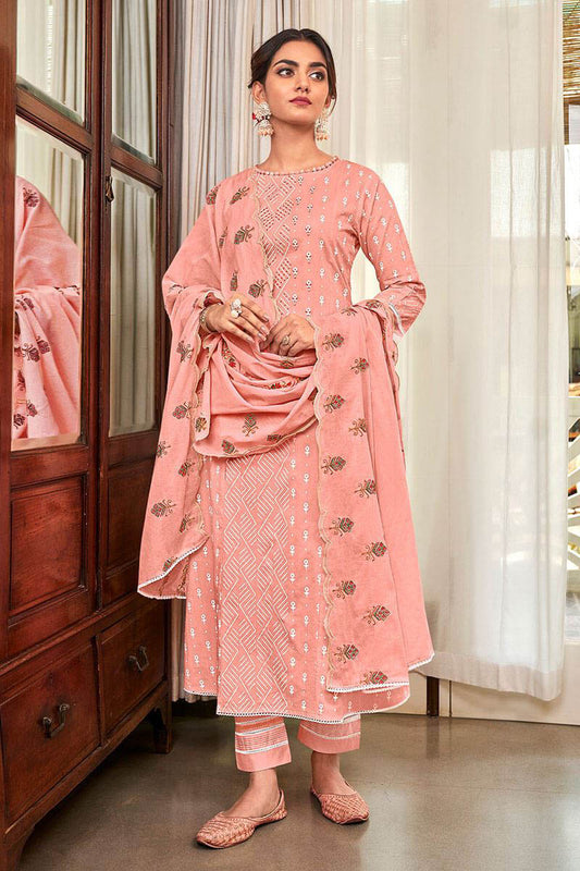 Pure Cotton Pink Unstitched Printed Suit Material
