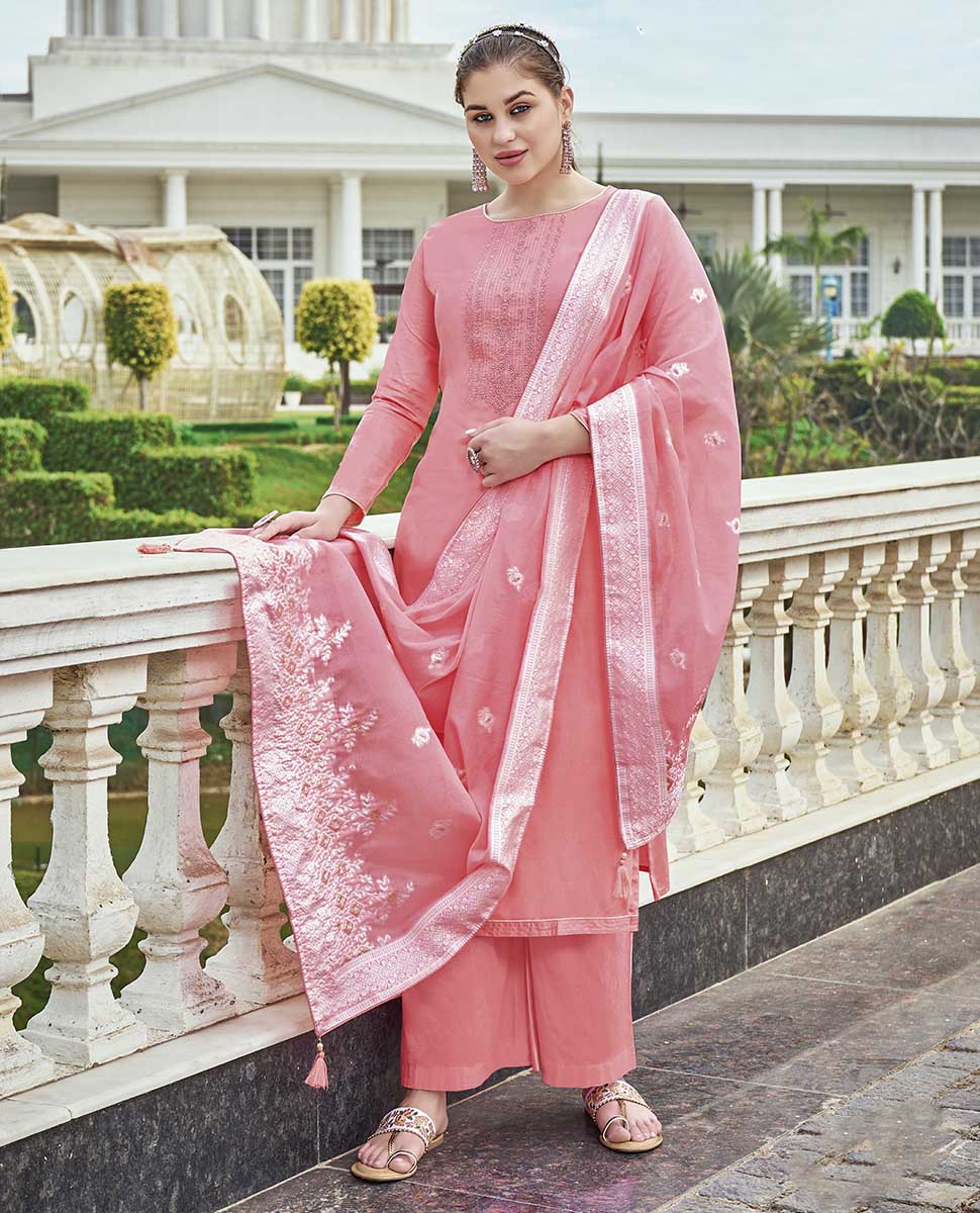 Pure Cotton Pink Unstitched Suit Material with Lucknowi Work - Stilento