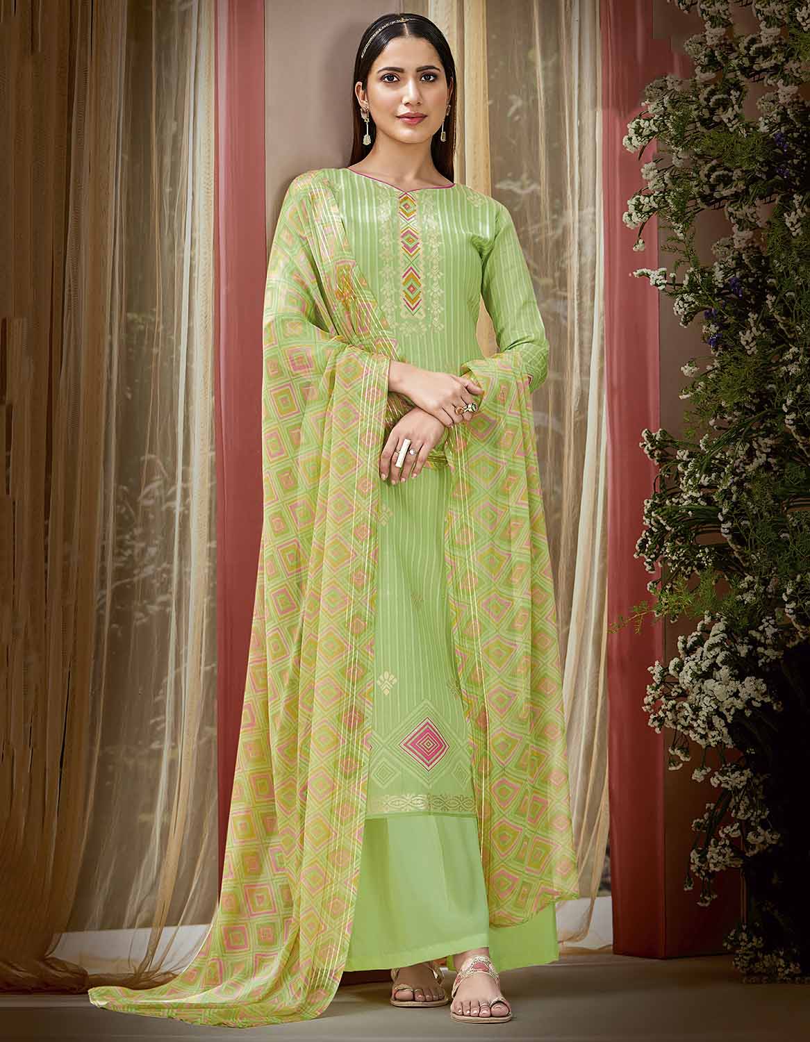 Pure Cotton Printed Green Unstitched Salwar Suit Material - Stilento