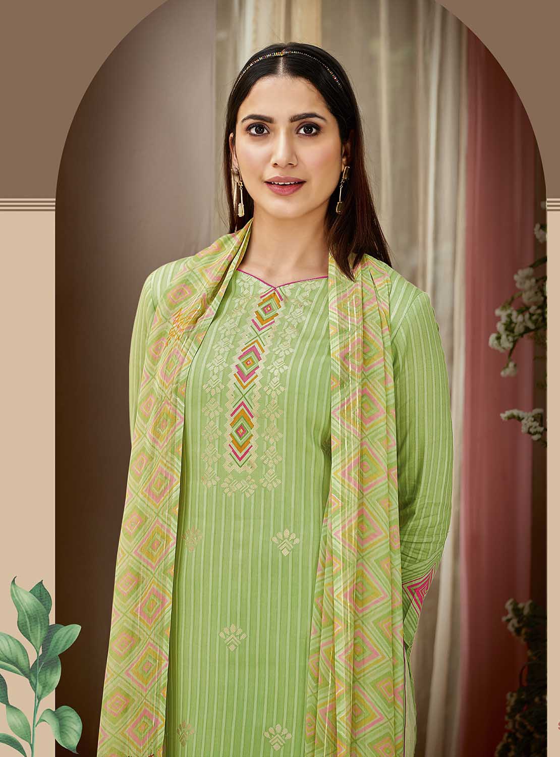 Pure Cotton Printed Green Unstitched Salwar Suit Material - Stilento