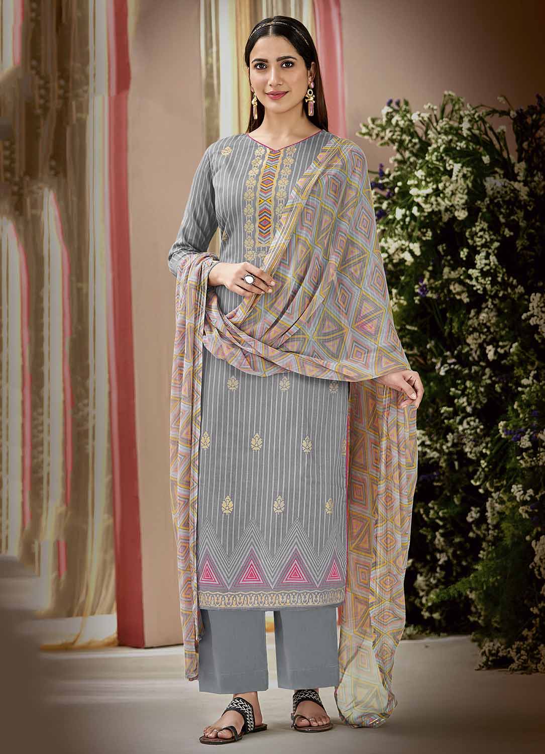 Pure Cotton Printed Grey Unstitched Salwar Suit Material - Stilento