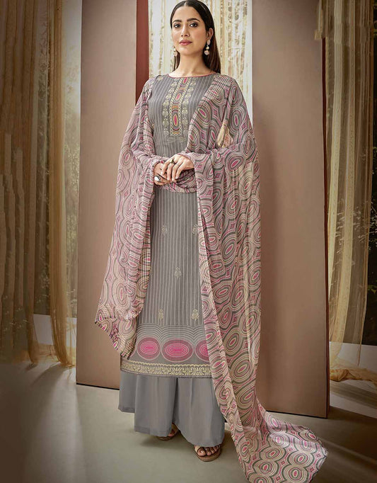 Pure Cotton Printed Grey Unstitched Salwar Suit Material
