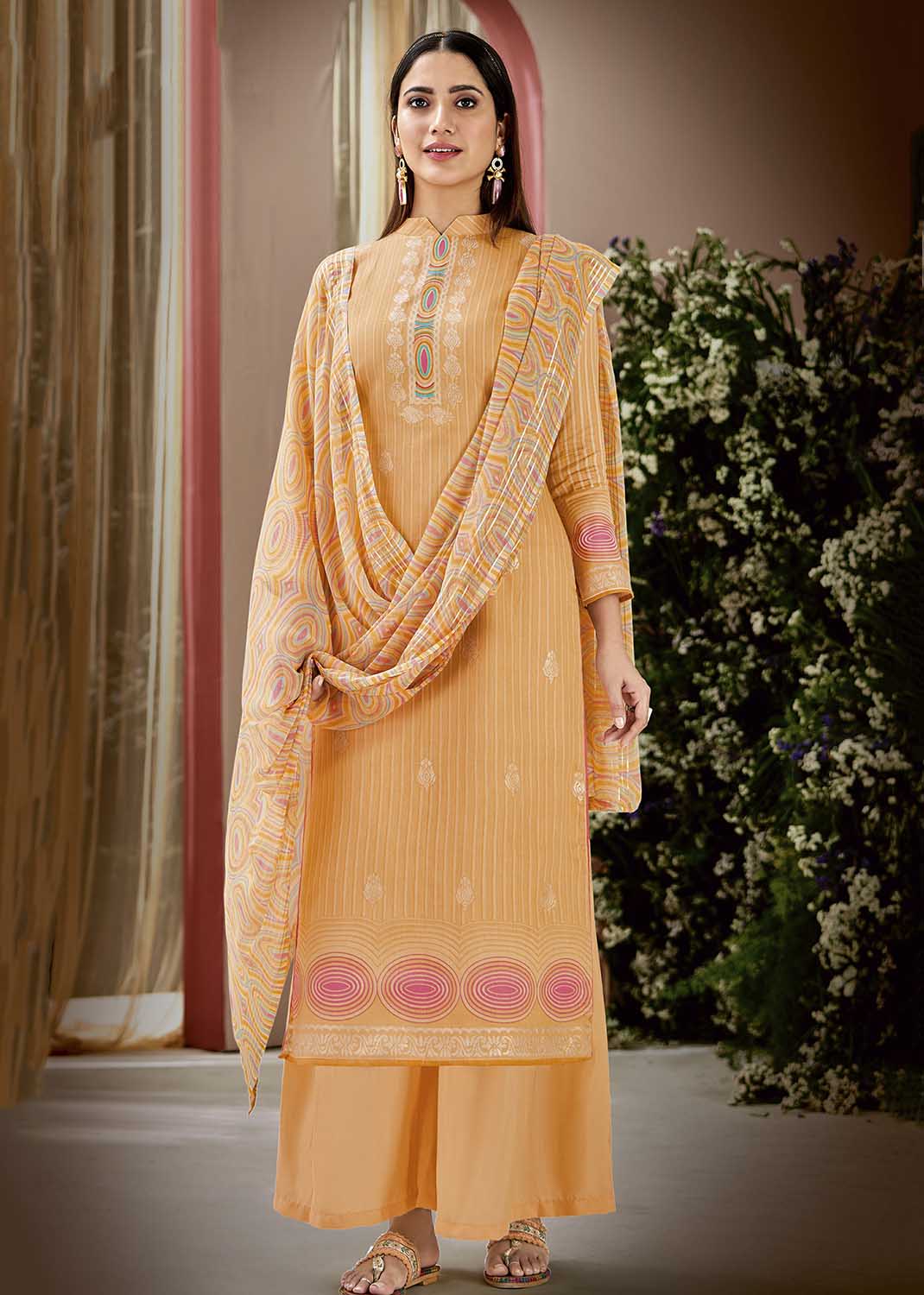 Pure Cotton Printed Orange Unstitched Salwar Suit Material - Stilento