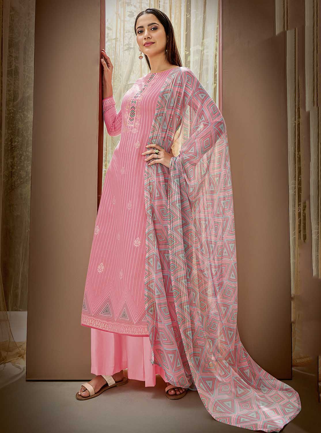 Pure Cotton Printed Pink Unstitched Salwar Suit Material - Stilento