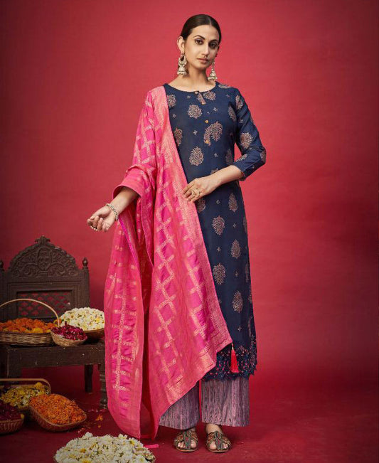 Pure Cotton Silk Blue Unstitched Dress Material With Banarasi Dupatta - Stilento