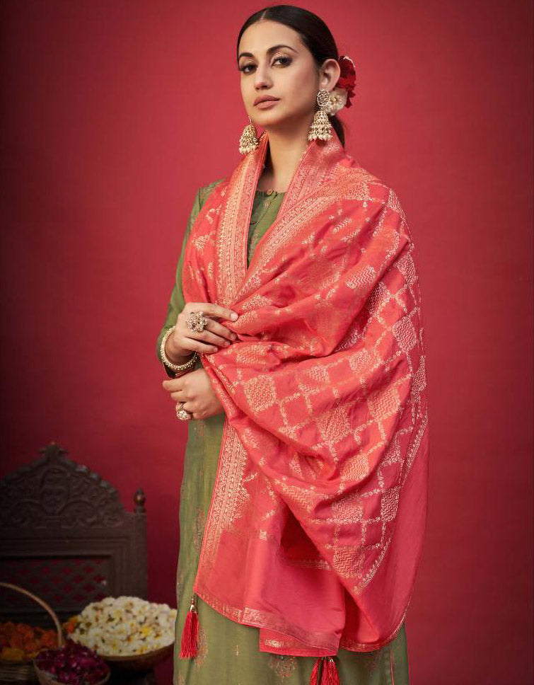 Pure Cotton Silk Green Unstitched Dress Material With Banarasi Dupatta - Stilento