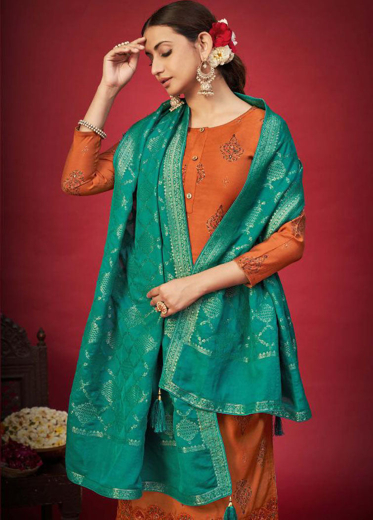 Pure Cotton Silk Orange Unstitched Dress Material With Banarasi Dupatta - Stilento