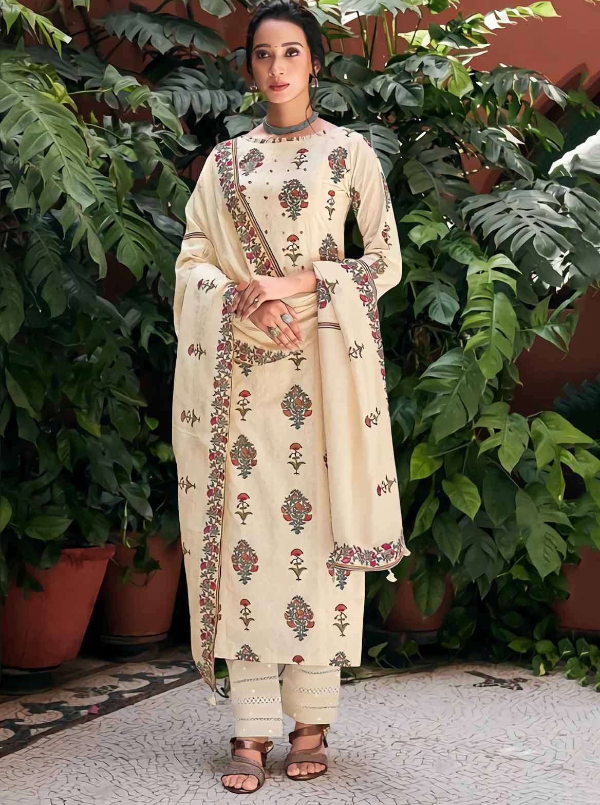 Pure Cotton Unstitched Beige Salwar Kameez Suit Set With Khadi Print - Stilento