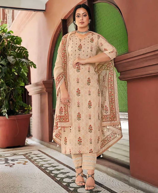 Pure Cotton Unstitched Brown Salwar Kameez Suit Set With Print