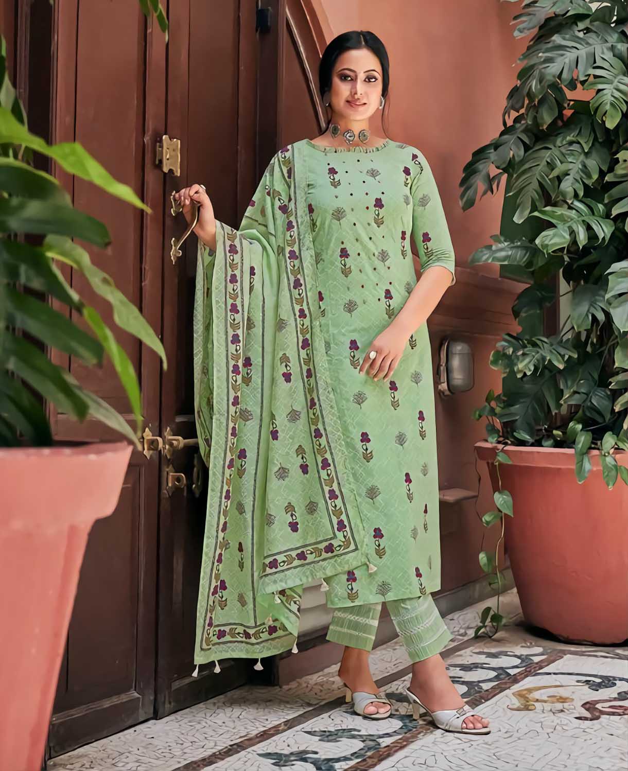 Pure Cotton Unstitched Green Salwar Kameez Suit Set With Khadi Print - Stilento