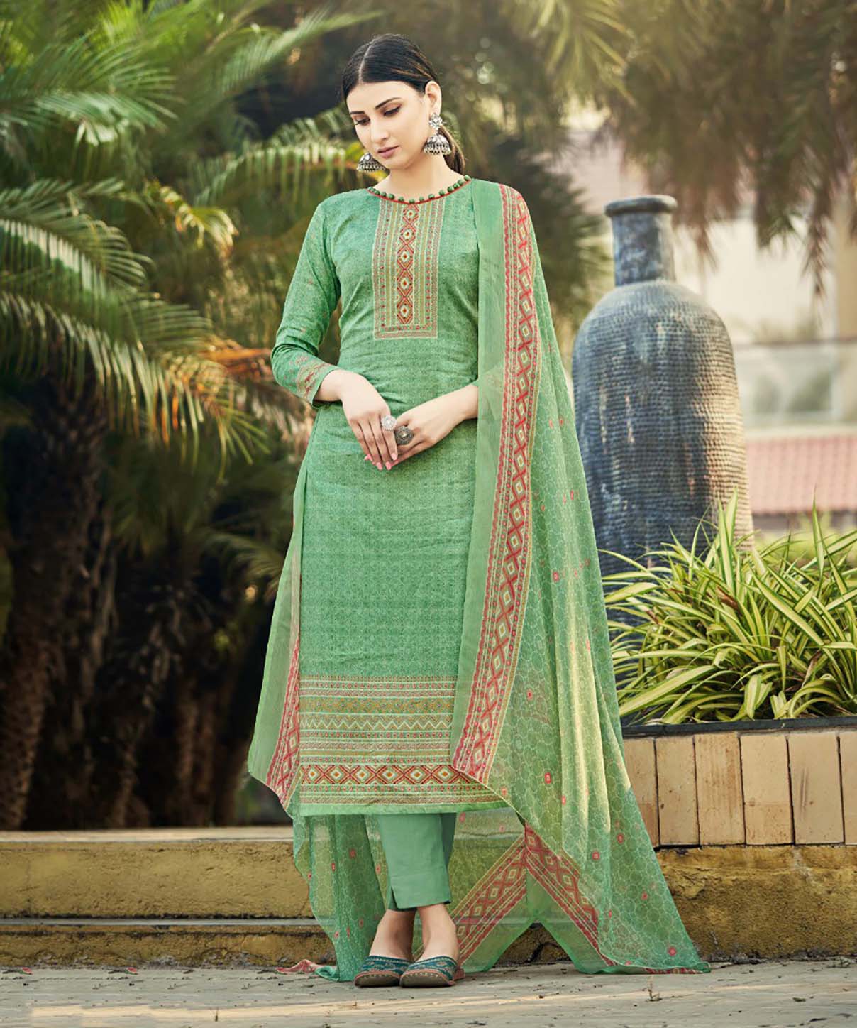 Pure Cotton Unstitched Green Salwar Suits Material With Chiffon Dupatta - Stilento