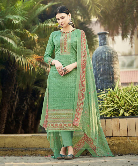Pure Cotton Unstitched Green Salwar Suits Material With Chiffon Dupatta