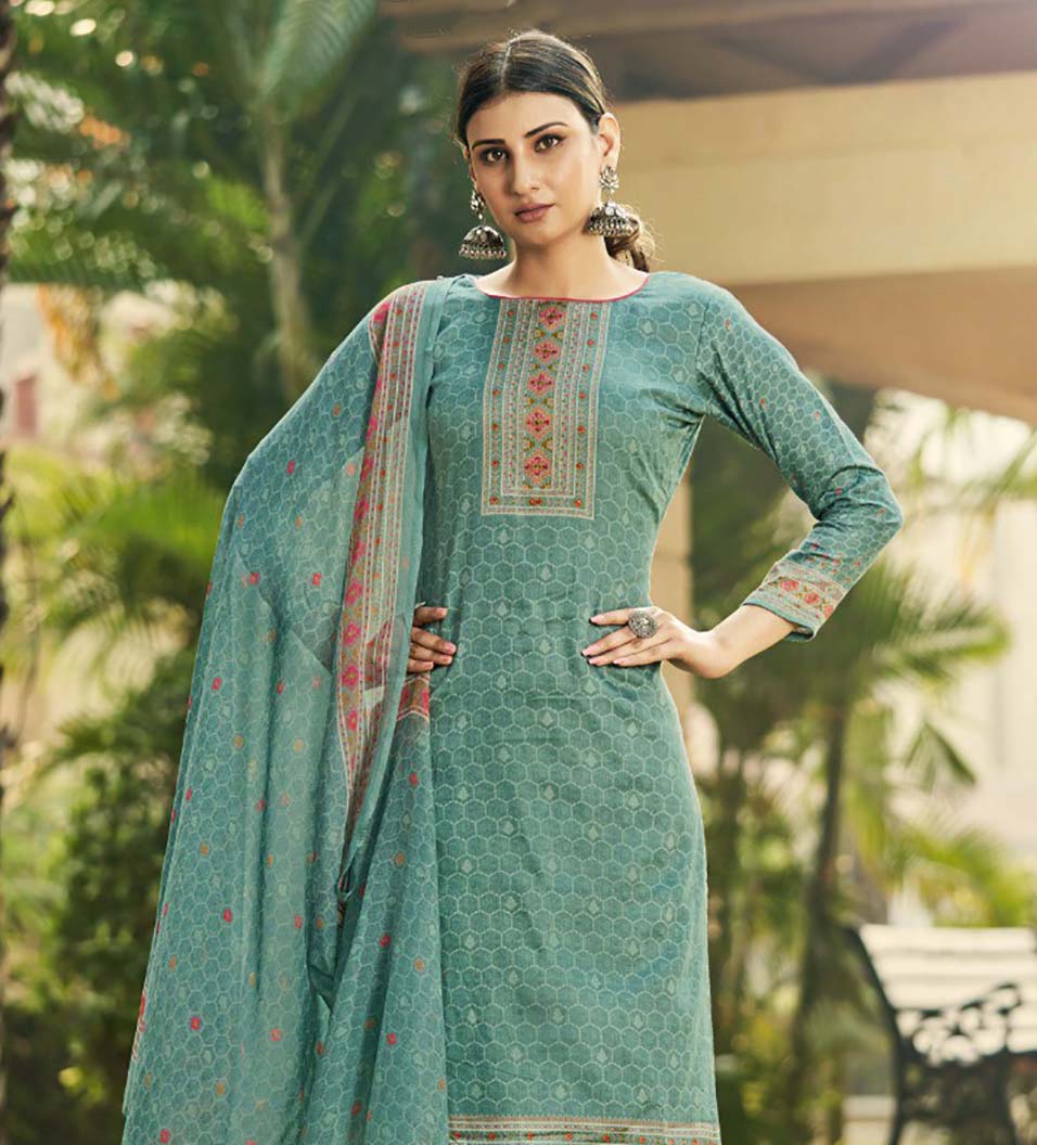 Pure Cotton Unstitched Green Salwar Suits With Chiffon Dupatta - Stilento