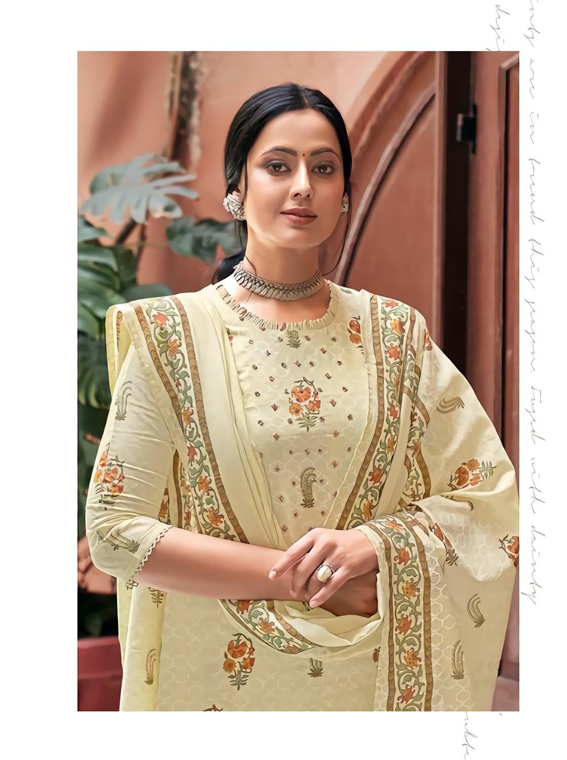 Pure Cotton Unstitched Off-White Salwar Kameez Suit Set With Khadi Print - Stilento